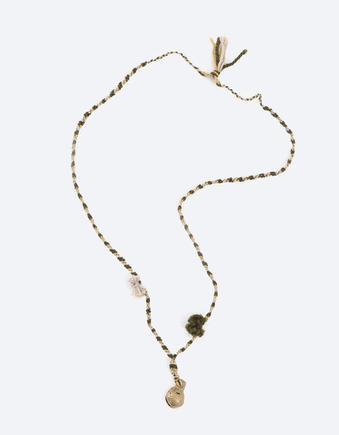 Long 3 colors braided yarn necklace with copper bell pendant and tassels